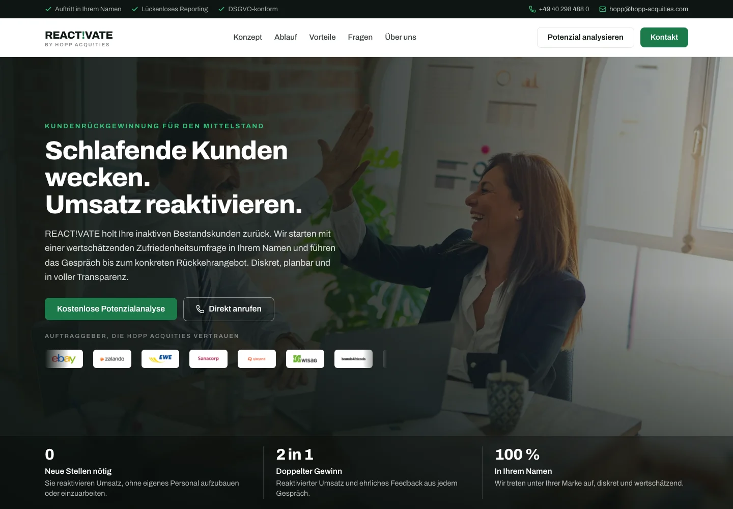 Desktopansicht von REACT!VATE: Website für Kundenrückgewinnung